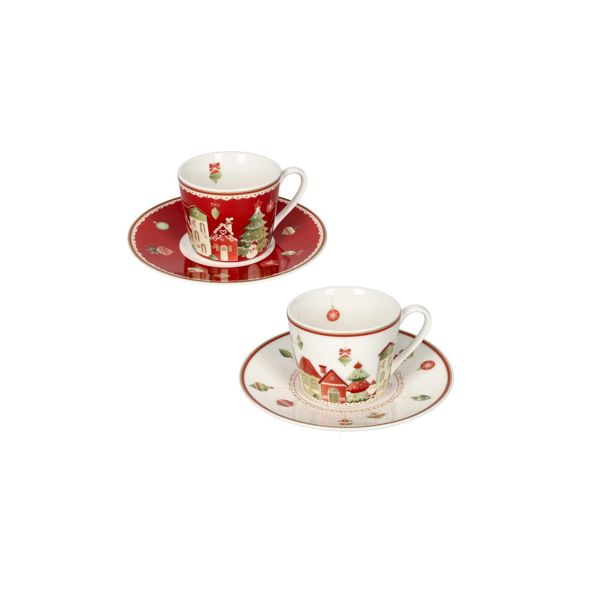 BRANDANI Set 2 Tazzine da Caffè Natalizie Villaggio in Festa con Piattino in Porcellana New Bone China 12cm
