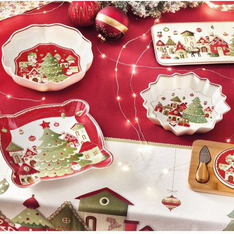 BRANDANI Vassoio Natalizio a Stella Villaggio in Festa in Porcellana New Bone China 27x27cm