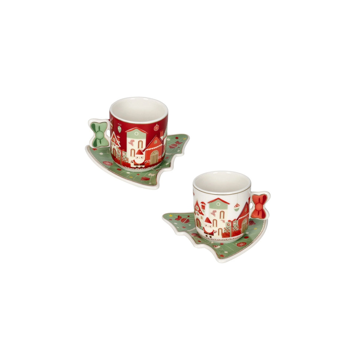 BRANDANI Set 2 Tazzine da Caffè Natalizie Villaggio in Festa con Piattino ad Albero in Porcellana New Bone China 11x10cm