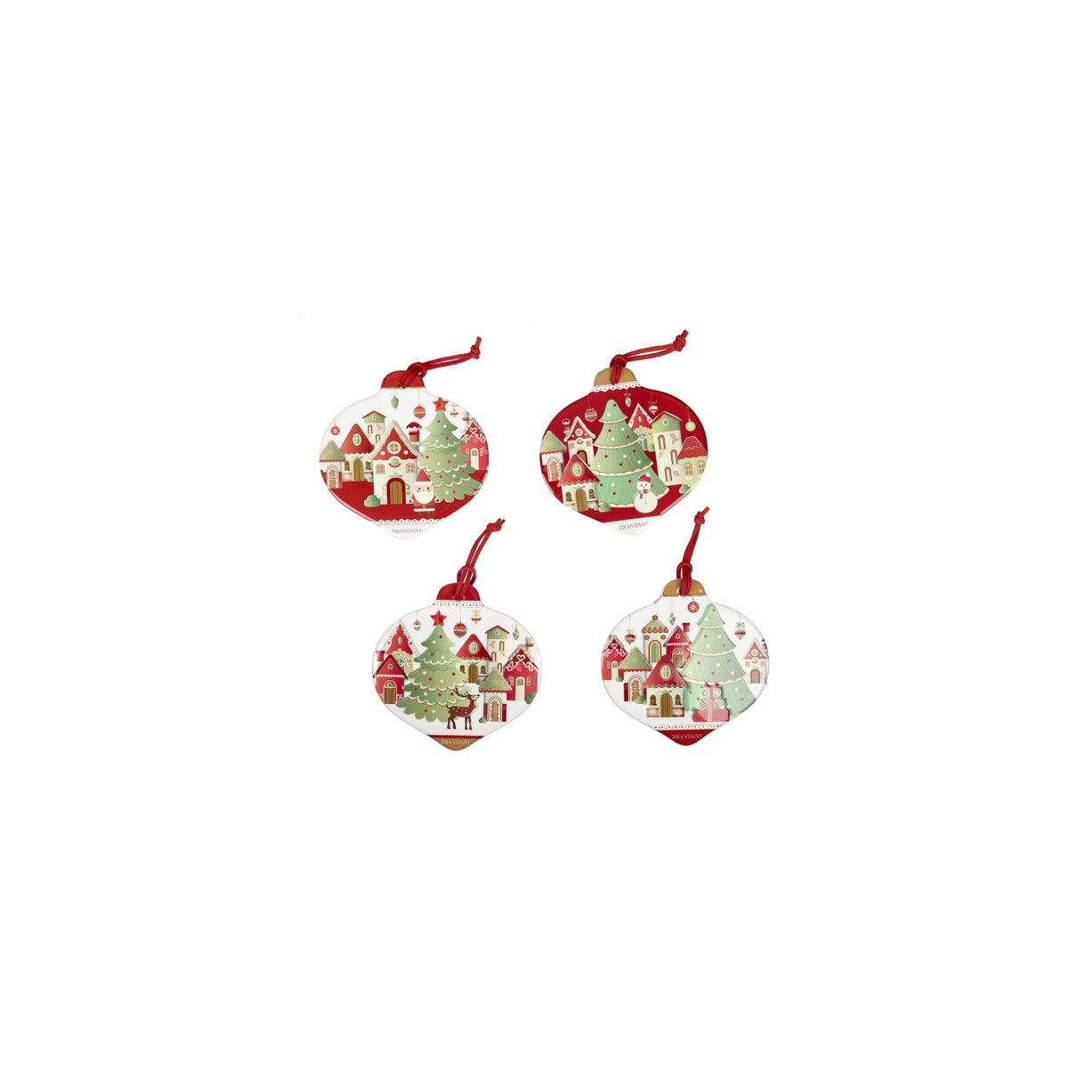 BRANDANI Set 4 Sottopentola Natalizi Villaggio in Festa a Goccia in Ceramica e Sughero 11x10cm
