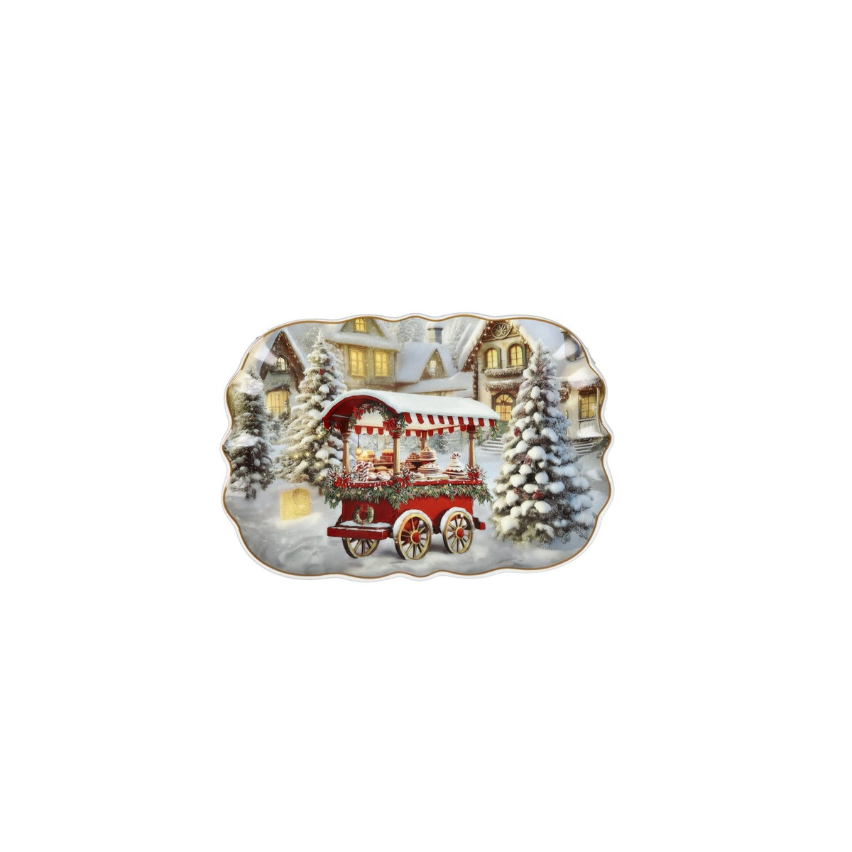 BRANDANI Vassoio Natalizio Smerlato Borgo Goloso in Porcellana 26x18cm