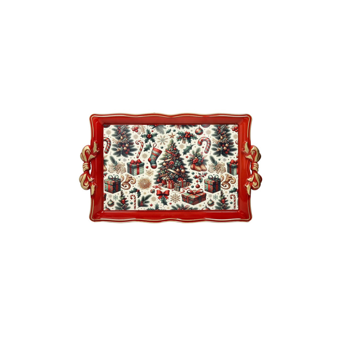BRANDANI Vassoio Natalizio Christmas Rettangolare Rosso con Manici a Fiocco 50x30cm