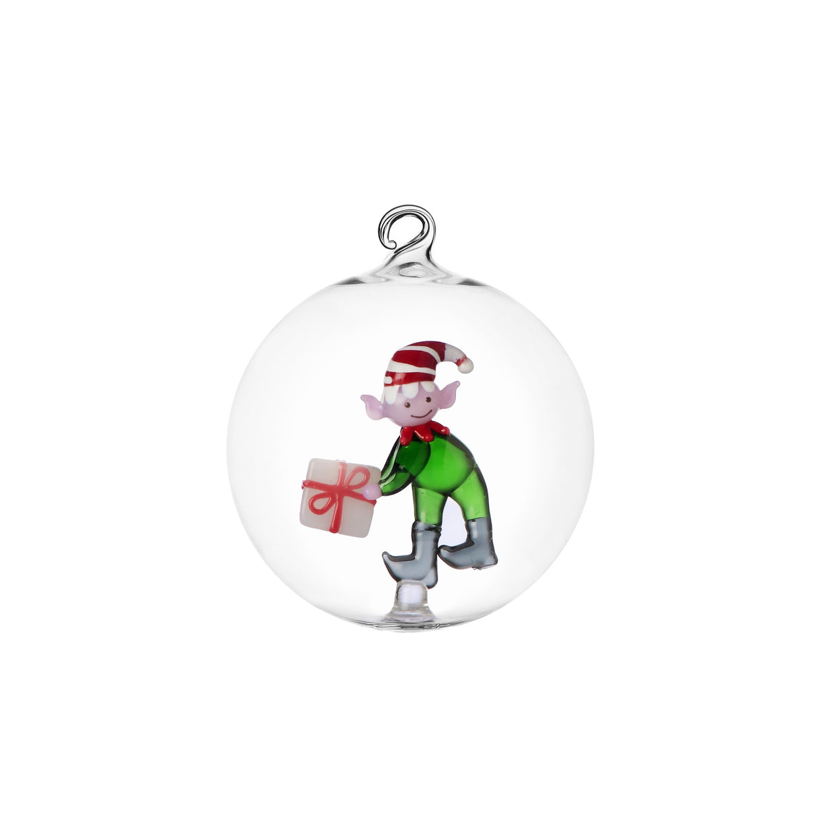 ICHENDORF Palla di Natale Christmas Tales Elfo Verde con Regalo in Vetro Borosilicato 8cm