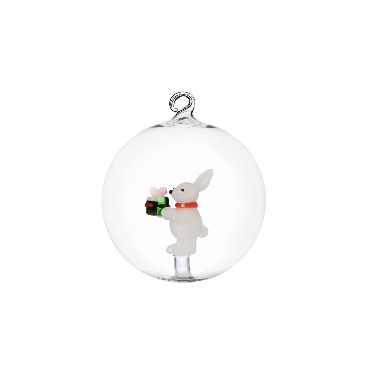 ICHENDORF Palla di Natale Woodland Tales Coniglio Bianco con Regalo Verde in Vetro Borosilicato 8cm