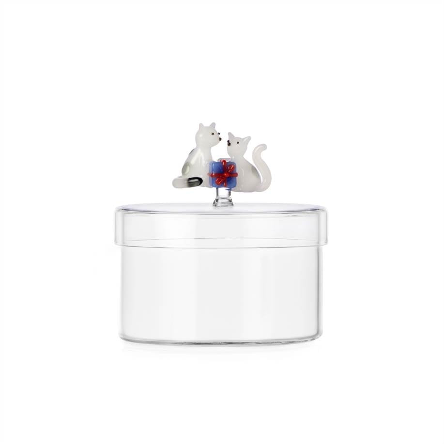 ICHENDORF Scatola Natalizia Tabby Cat Due Gatti Bianchi con Regalo in Vetro Borosilicato 12cm