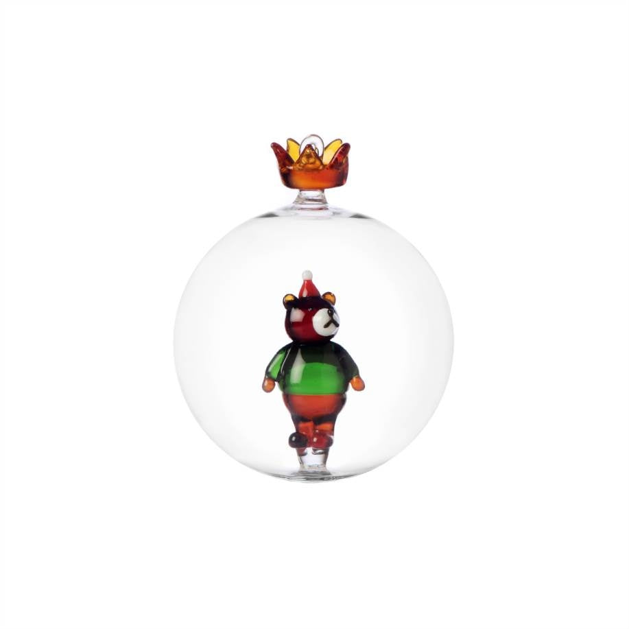 ICHENDORF Palla di Natale Woodland Tales Orso Bruno con Cappello e Corona in Vetro Borosilicato 9,5cm