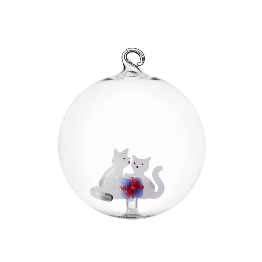 ICHENDORF Palla di Natale Tabby Cat Due Gatti Bianchi con Regalo in Vetro Borosilicato 12cm
