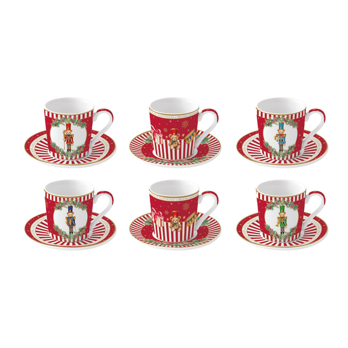 EASY LIFE Set 6 Tazzine da Caffè Natalizie con Piattino Christmas Teddy in Porcellana 100ml