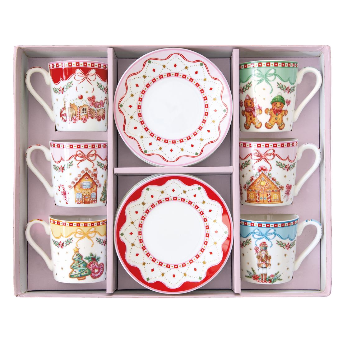 EASY LIFE Set 6 Tazzine da Caffè Natalizie con Piattino Sweet Christmas in Porcellana 100ml
