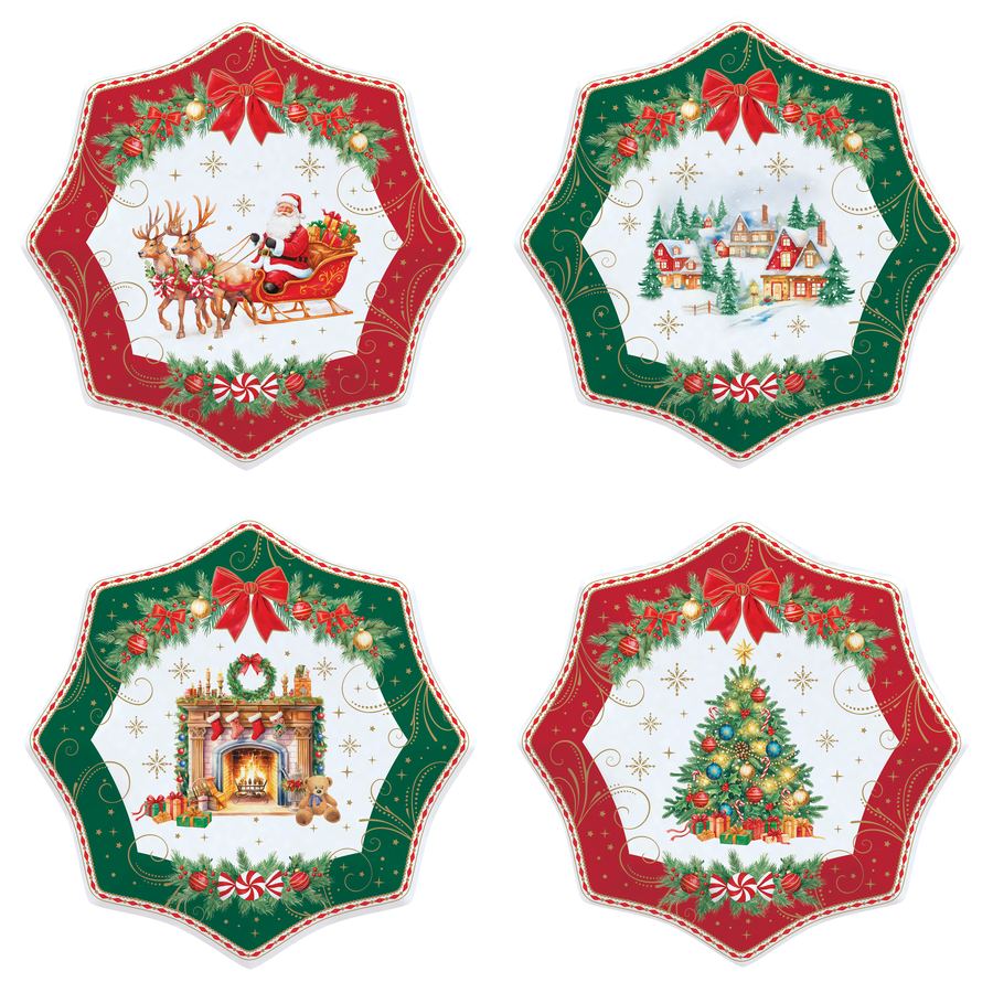 EASY LIFE Set 4 Piatti Dessert Natalizi Christmas Heritage in Porcellana 16cm