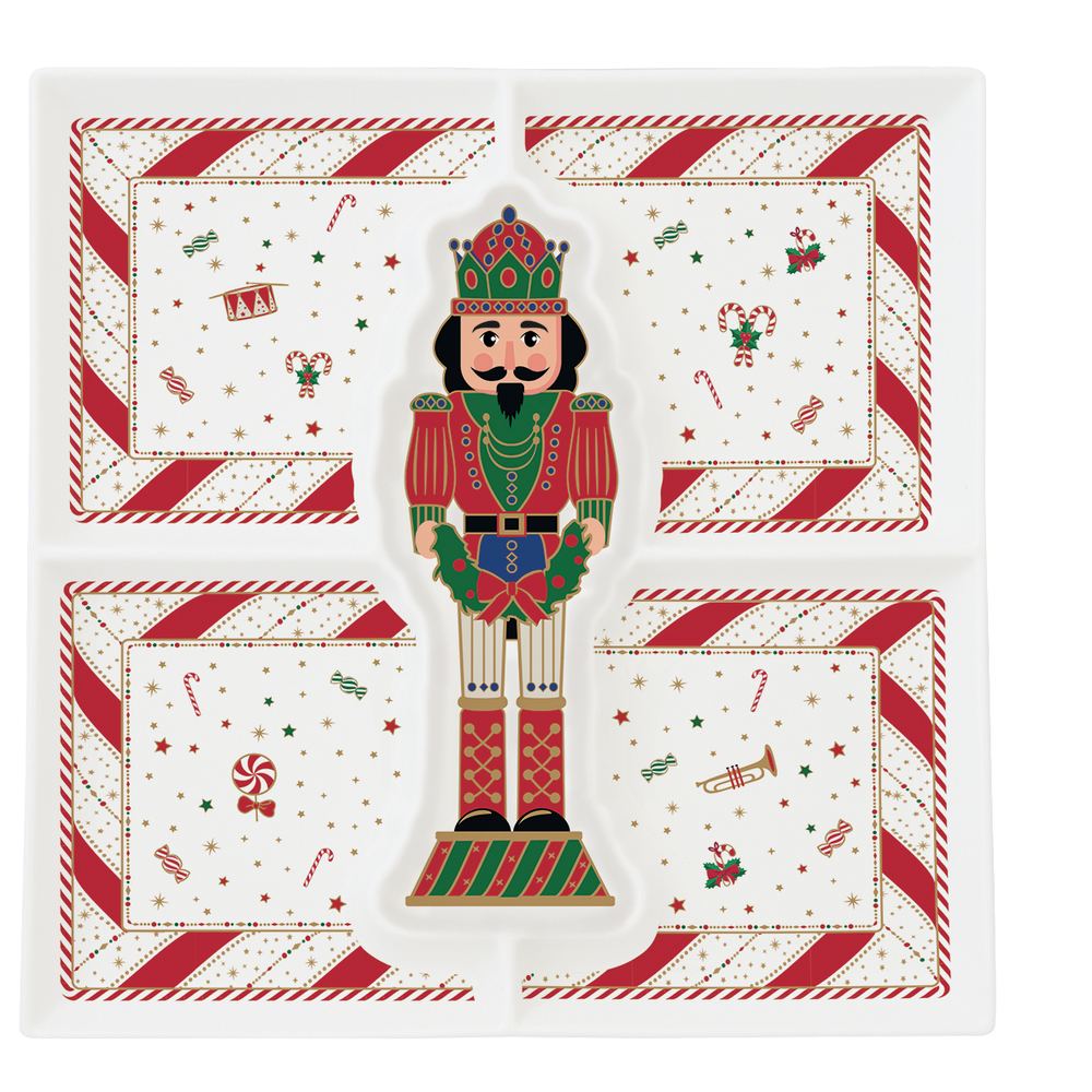 EASY LIFE Vassoio Aperitivi Natalizio a Scomparti Nutcracker Twist in Porcellana 25x25cm