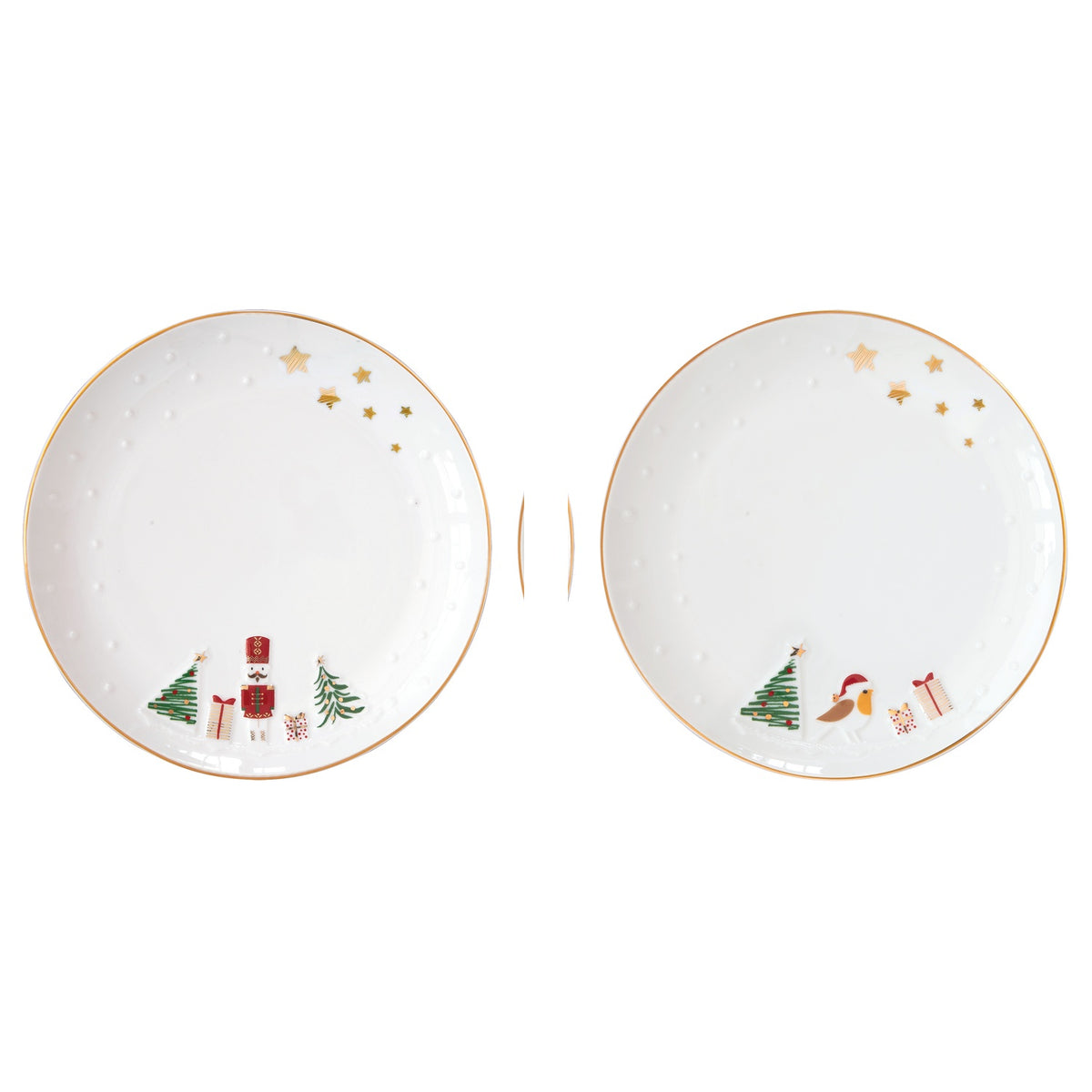 EASY LIFE Set 2 Piattini Natalizi Let It Snow Schiaccianoci e Pettirosso in Porcellana 16cm