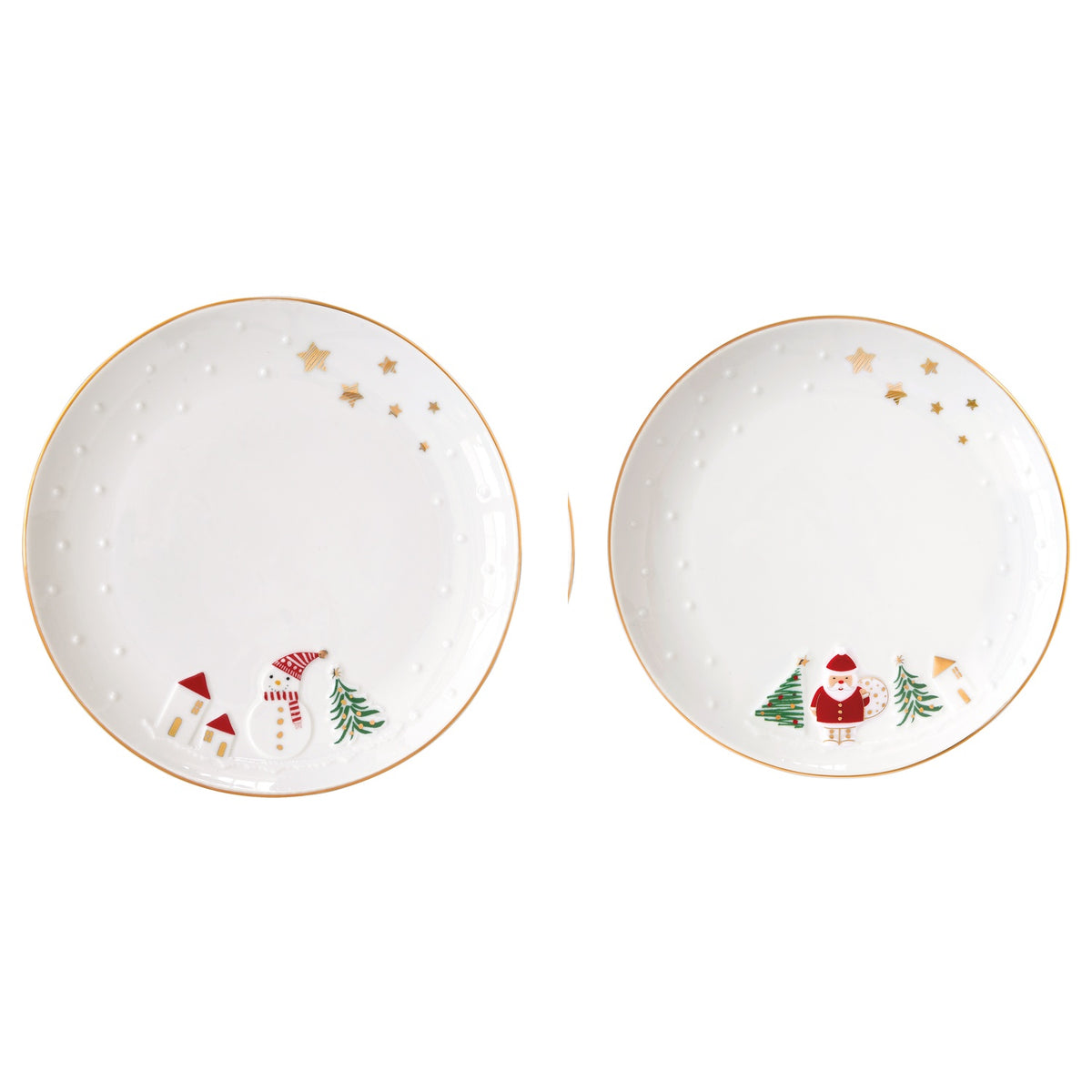 EASY LIFE Set 2 Piattini Natalizi Let It Snow Pupazzo di Neve e Babbo Natale in Porcellana 16cm