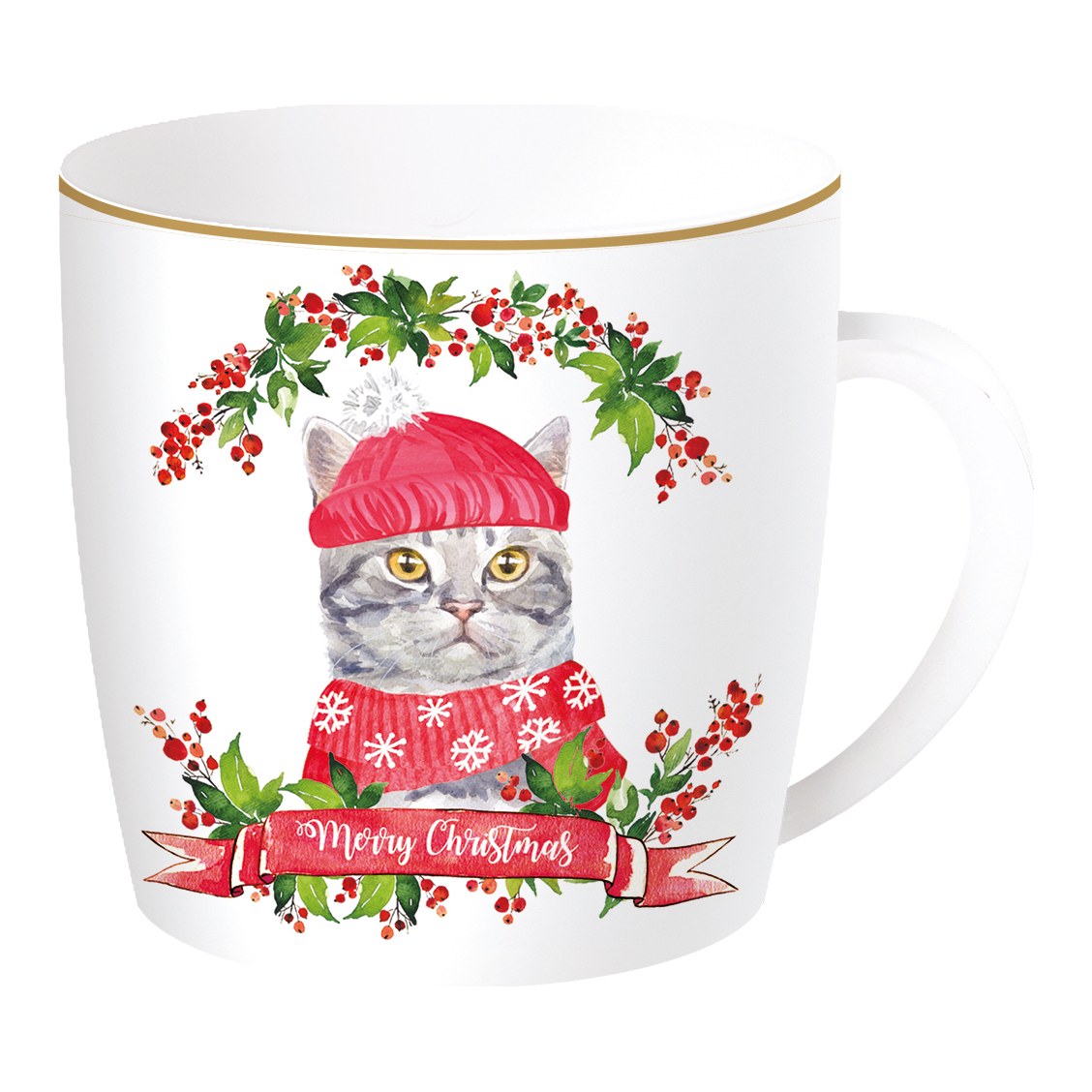 EASY LIFE Tazza Natalizia Christmas Cats Gatto Grigio in Porcellana con Scatola di Latta 350ml