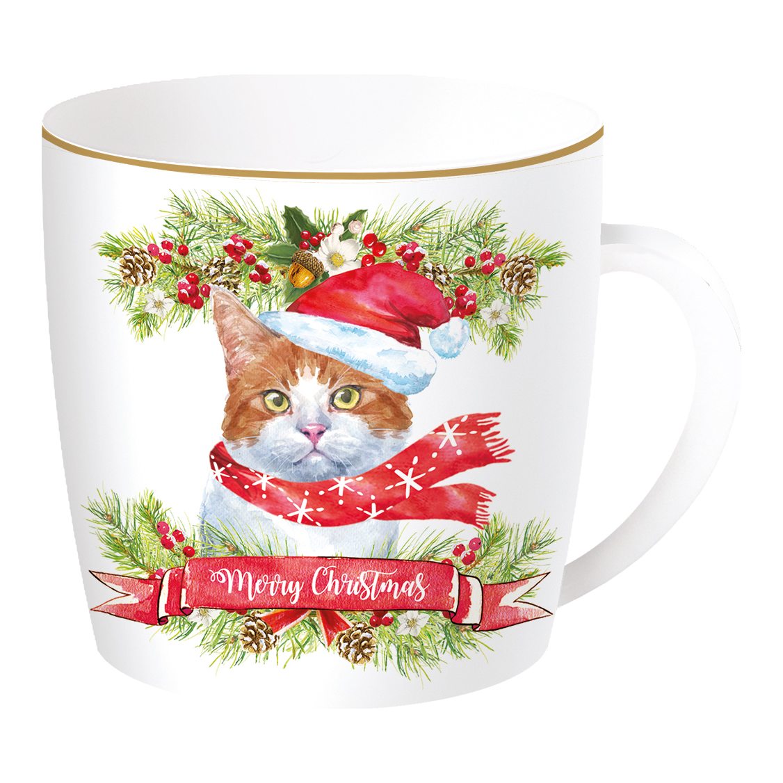 EASY LIFE Tazza Natalizia Christmas Cats Gatto Bianco e Rosso in Porcellana con Scatola di Latta 350ml
