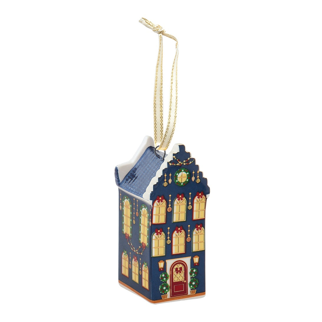 EASY LIFE Casetta Natalizia Festive Avenue Facciata Blu in Ceramica e Dolomite 3x2,5cm