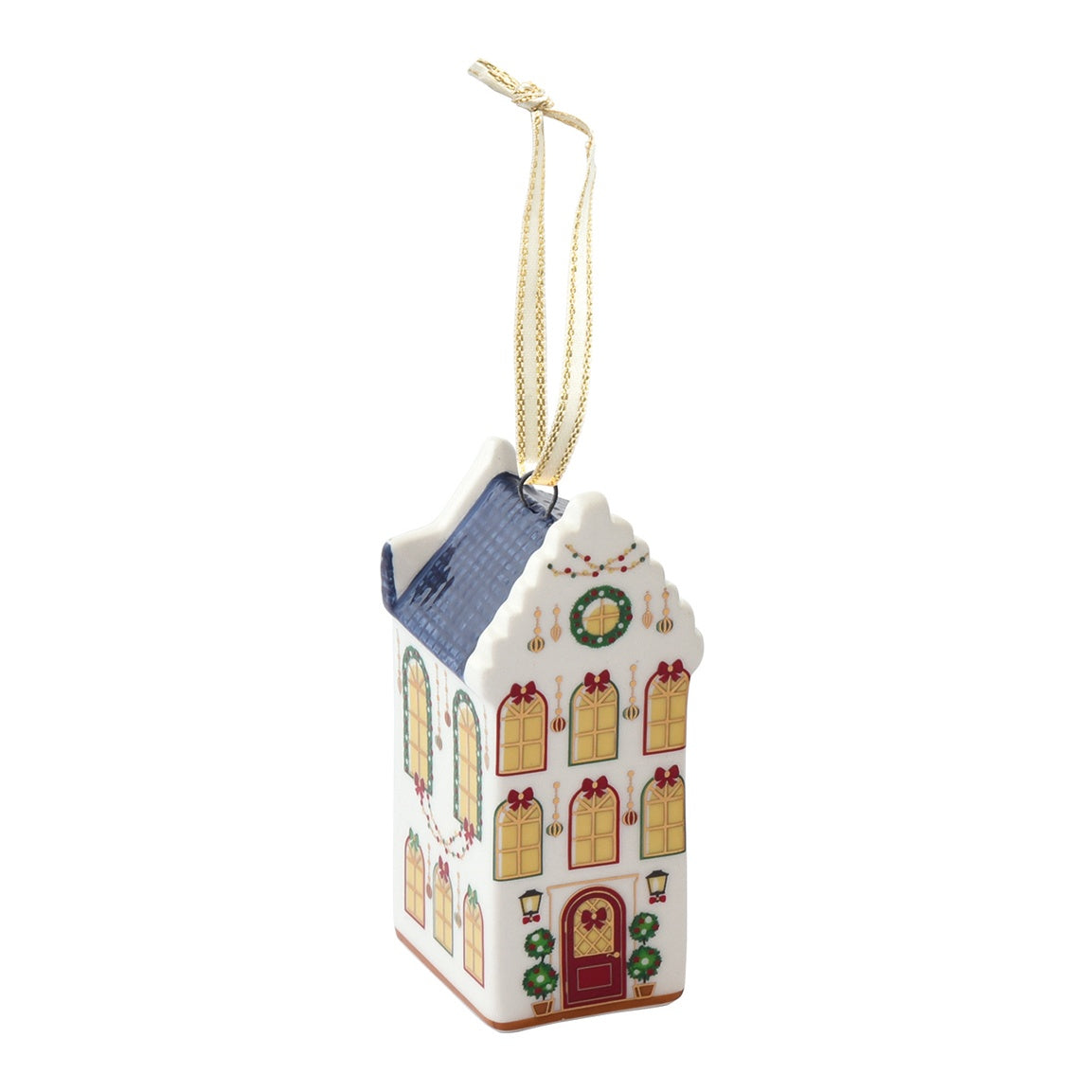 EASY LIFE Casetta Natalizia Festive Avenue Tetto Blu in Ceramica e Dolomite 3x2,5cm