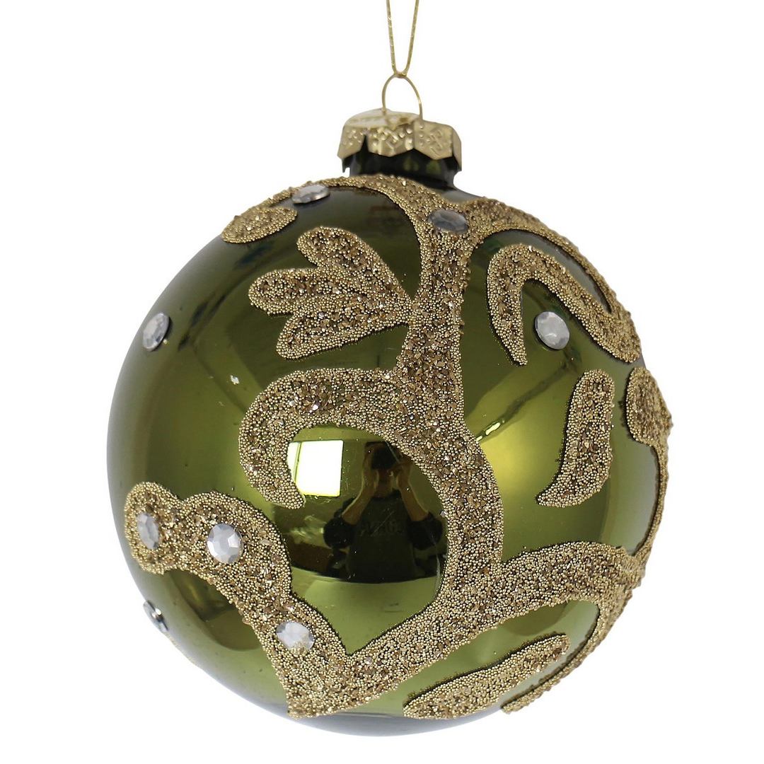BIZZOTTO Pallina di Natale in Vetro Verde con Arabeschi Dorati 10 cm