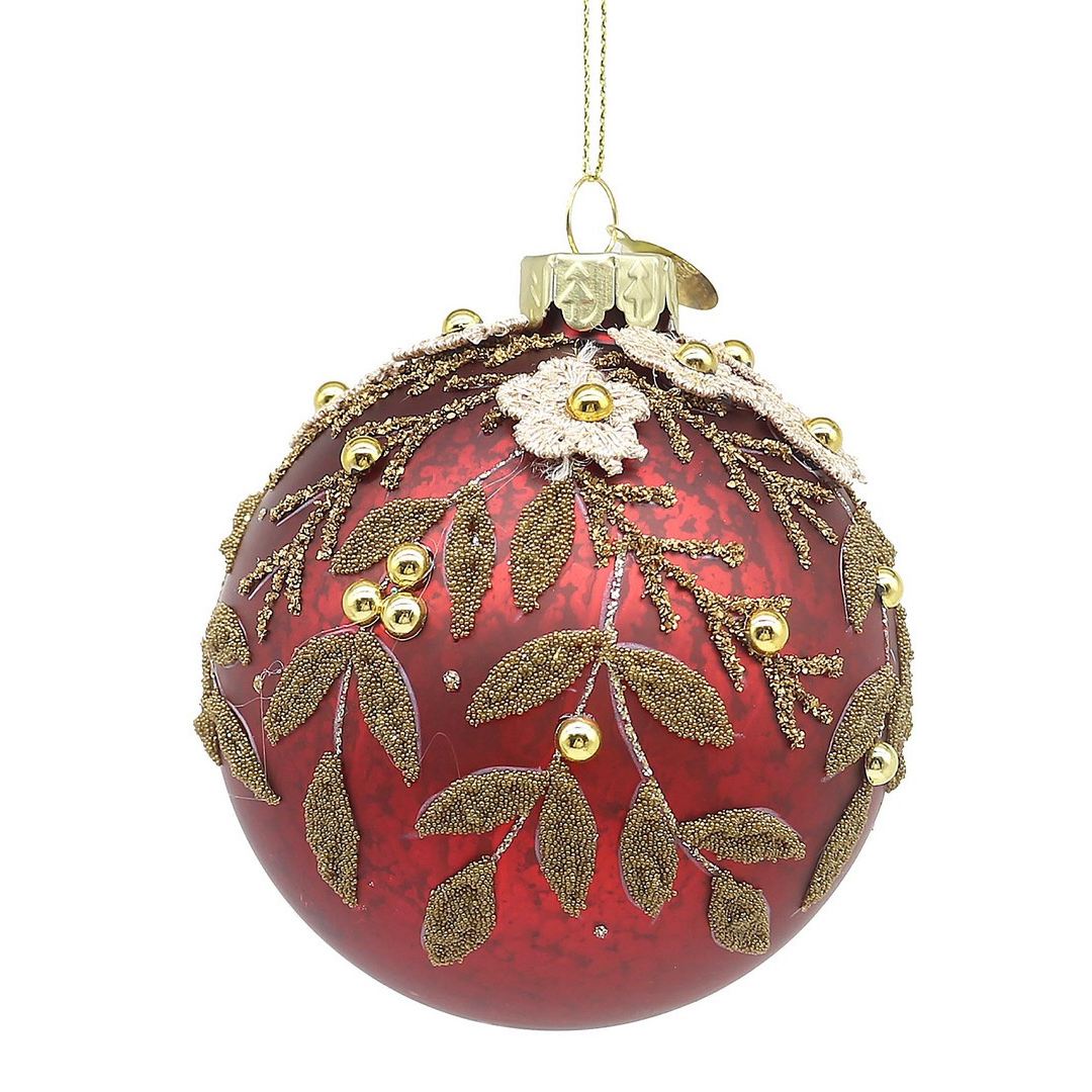 BIZZOTTO Pallina di Natale in Vetro Rossa con Vischio e Fiori 8 cm