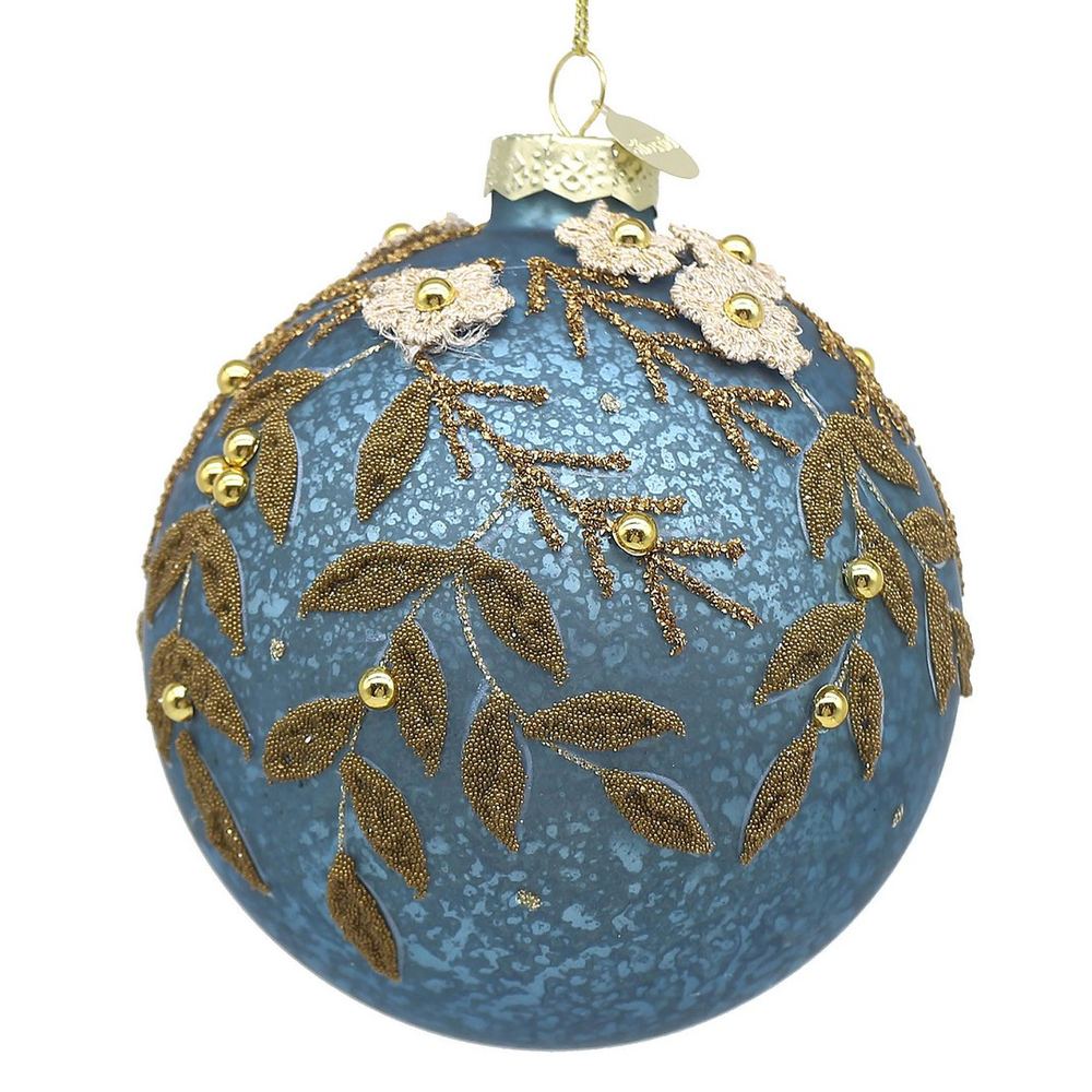 BIZZOTTO Pallina di Natale in Vetro Blu con Vischio Dorato 10 cm