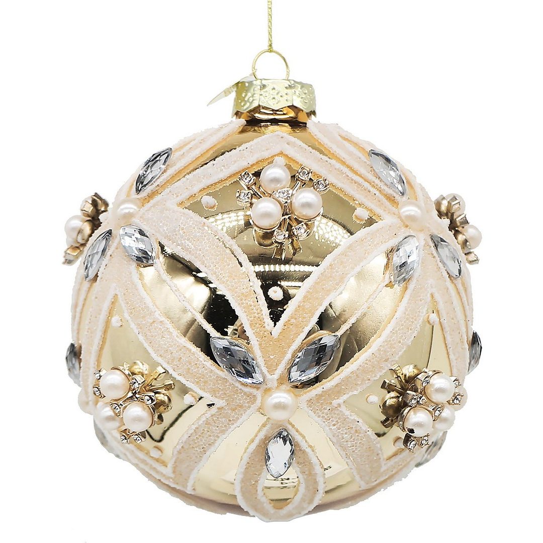 BIZZOTTO Pallina di Natale in Vetro Oro con Perle e Cristalli 10 cm
