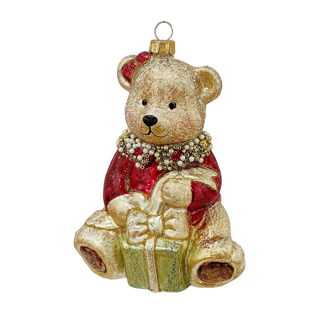BIZZOTTO Orsetto di Natale in Vetro con Pacco Regalo 13,5 cm