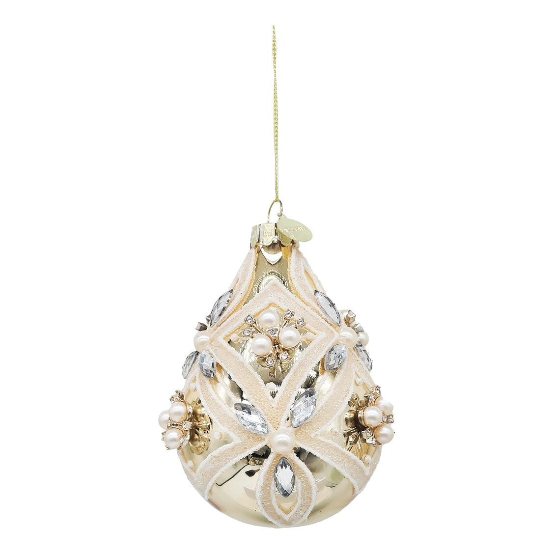 BIZZOTTO Pendaglio di Natale in Vetro Oro a Goccia con Perle e Cristalli 11 cm