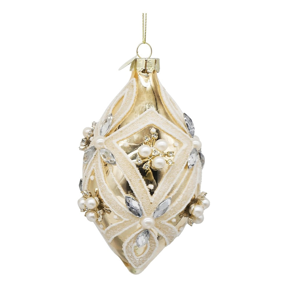 BIZZOTTO Pendaglio di Natale in Vetro Oro a Fuso con Perle e Cristalli 13,5 cm