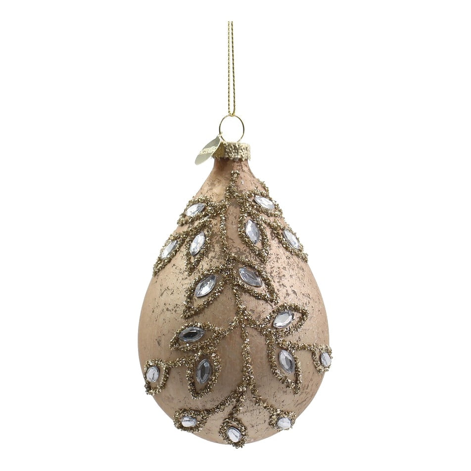 BIZZOTTO Pendaglio di Natale in Vetro Champagne a Goccia con Foglie Gioiello 11 cm