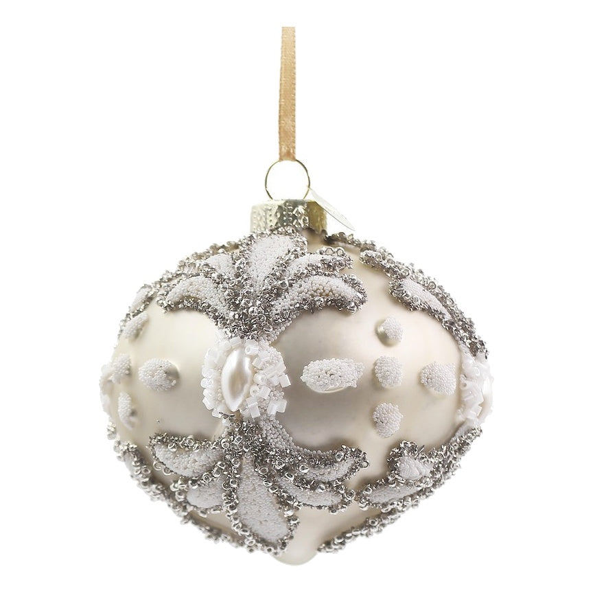 BIZZOTTO Pendaglio di Natale in Vetro Champagne a Sfera con Ricami Argento 9,2 cm