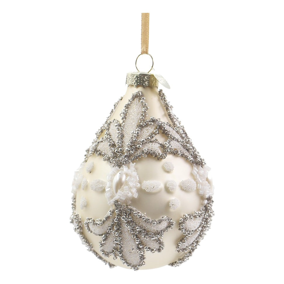BIZZOTTO Pendaglio di Natale in Vetro Champagne a Goccia con Ricami Argento 11 cm