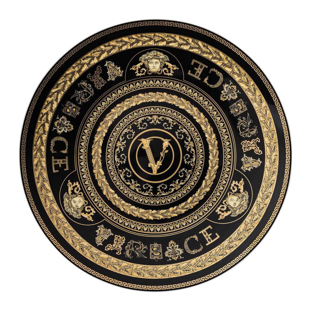 Piatto segnaposto Virtus Gala Versace in porcellana nera con decoro oro 33 cm