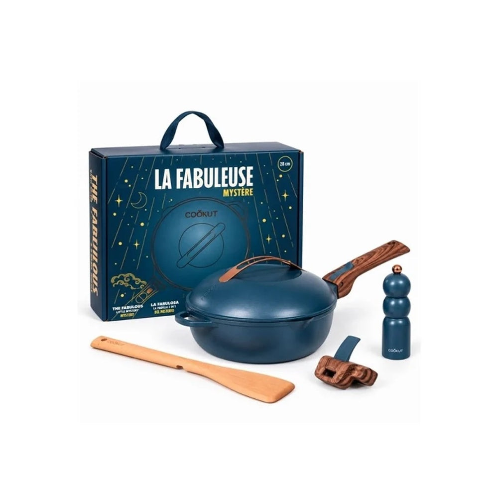 COOKUT Padella 8 in 1 Edizione Natalizia Cofanetto Regalo con Macinino Blu Mirtillo 28 cm