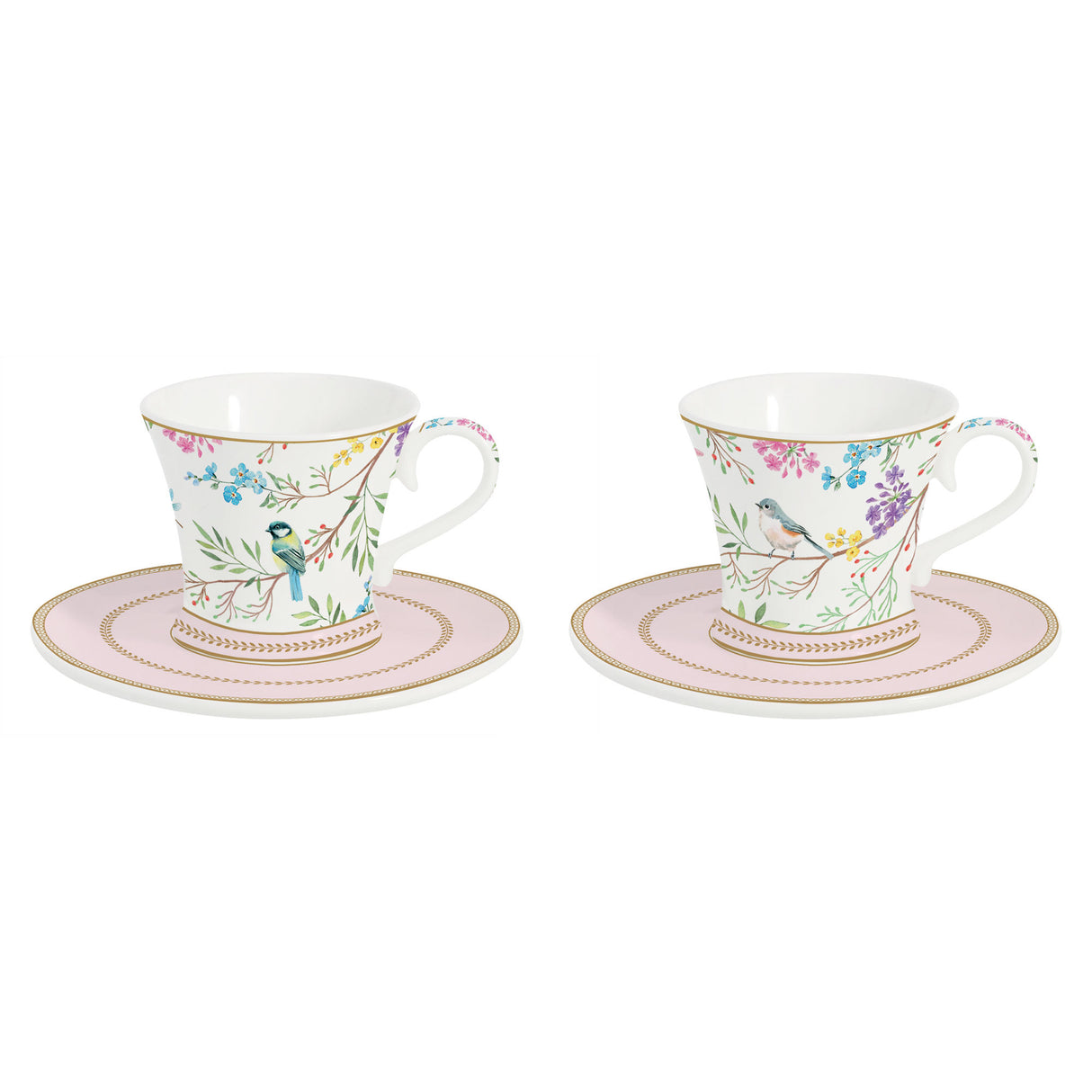 EASY LIFE Birds Melody Set 2 Tazzine Caffè Espresso 80ml con Piattino Porcellana