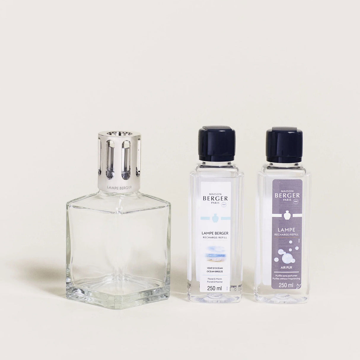 LAMPE BERGER Lampada Catalitica Cofanetto Essentielles Carree Cube con 2 Flaconi 250ml Neutro e Vent d'Ocean