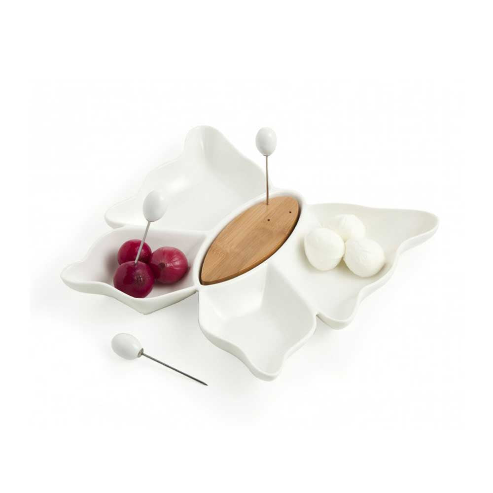 Antipastiera Butterfly Brandani in porcellana e bamboo 28,5 cm