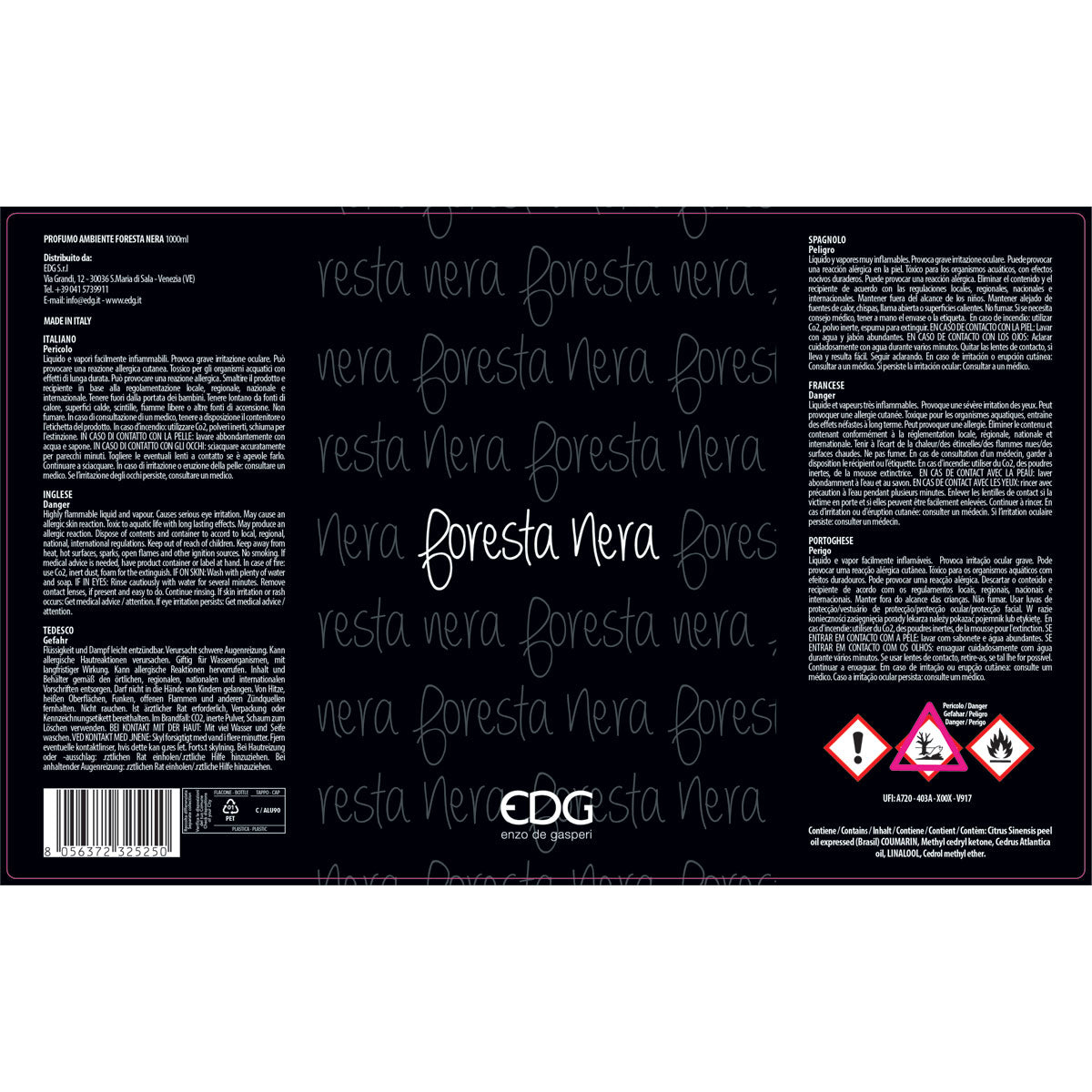 EDG Enzo De Gasperi Refill Refill Lux Perfumer Diffuser 1 Liter Black Forest