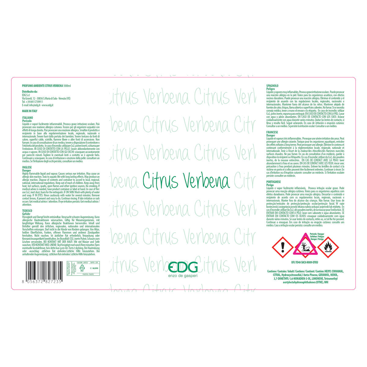 EDG Enzo De Gasperi Ricarica per Diffusore Profumatore 1 Litro Citrus Verbena