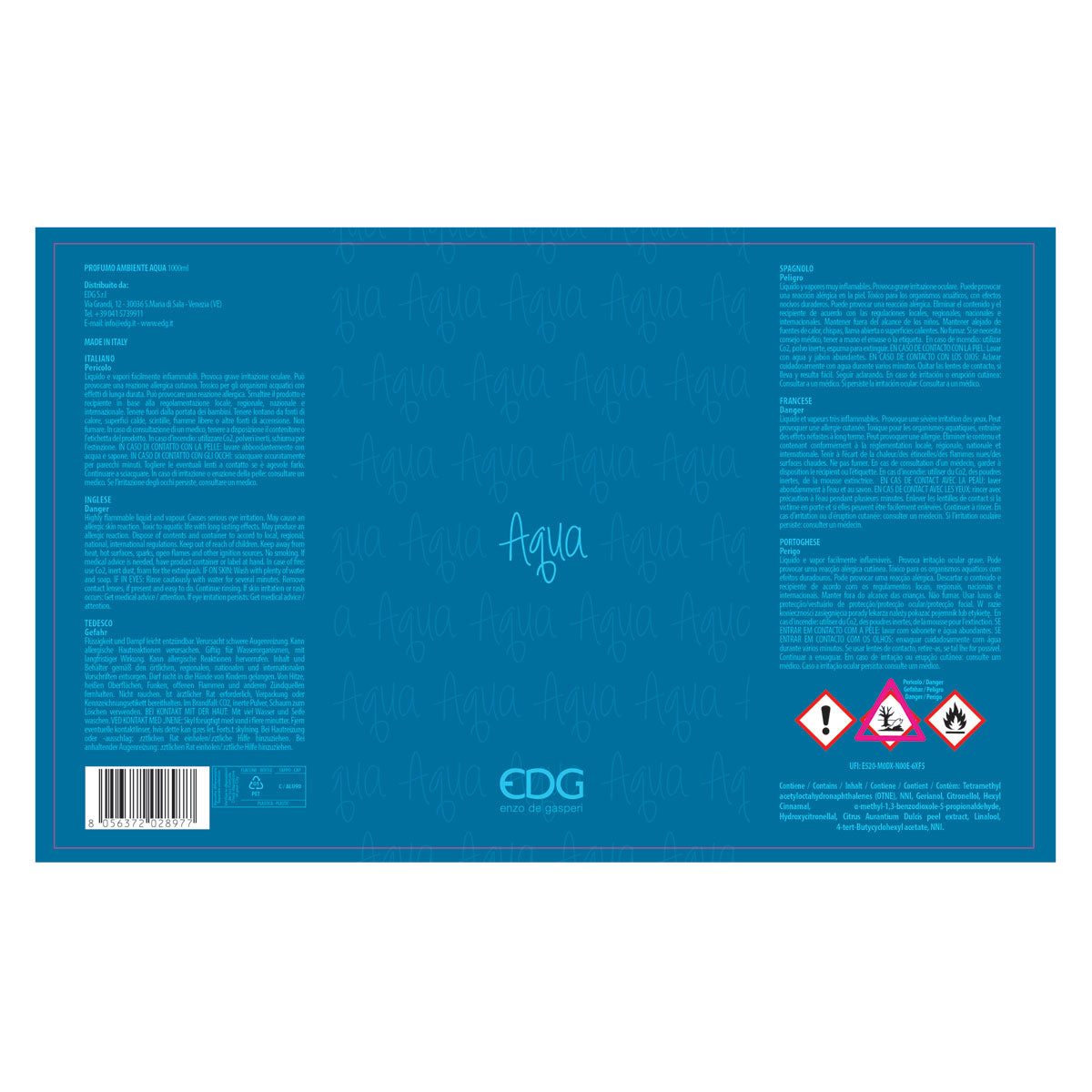 EDG Enzo De Gasperi Ricarica per Diffusore Profumatore 1 Litro Aqua