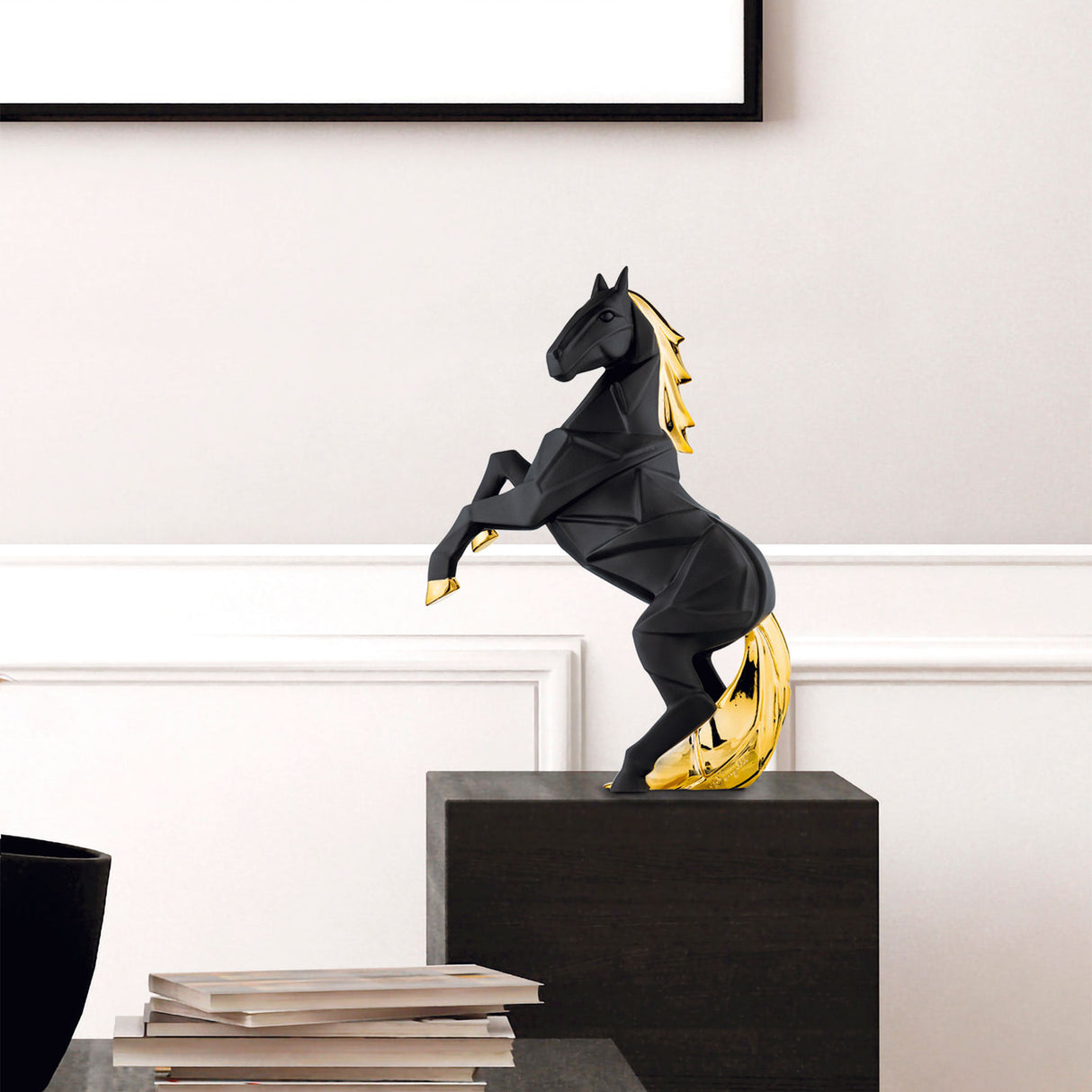 BONGELLI PREZIOSI Scultura Cavallo Stilizzato 24cm Nero Oro Marmorino