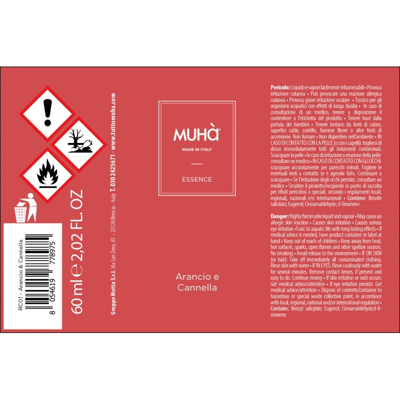 MUHA' Ricarica Refill 100ml Profumatore D'Ambiente Arancio e Cannella