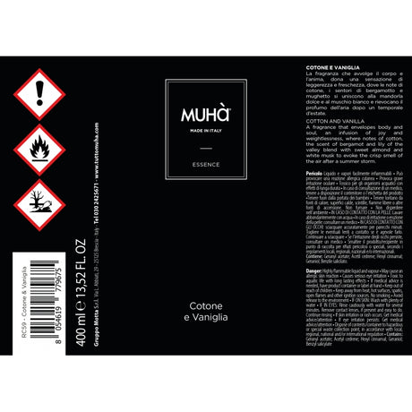 MUHA' Ricarica Refill 400ml Profumatore D'Ambiente Cotone e Vaniglia