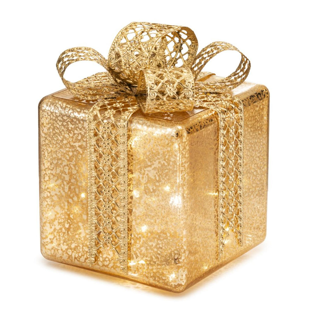 PALAIS ROYAL Pacco Regalo Oro con LED Decorazione Natalizia 15x22cm Vetro