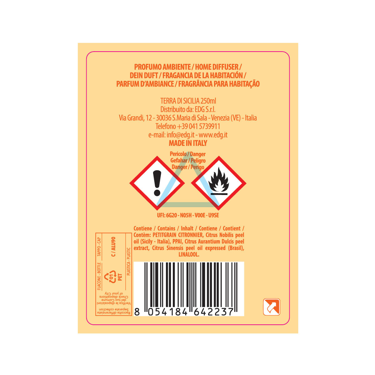 EDG Enzo De Gasperi Ricarica per Diffusore Profumatore 250ml Terra di Sicilia