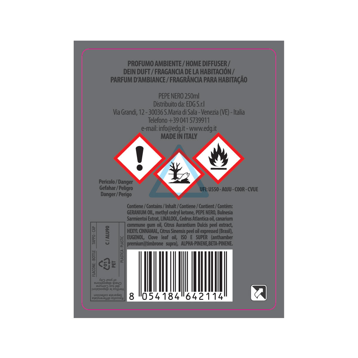 EDG Enzo De Gasperi Ricarica per Diffusore Profumatore 250ml Pepe Nero