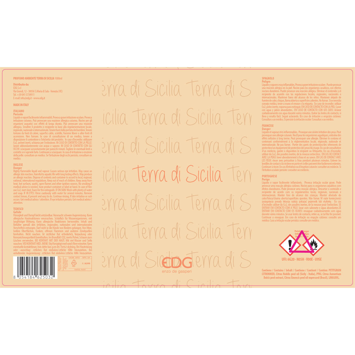 EDG Enzo De Gasperi Ricarica per Diffusore Profumatore 1 Litro Terra di Sicilia