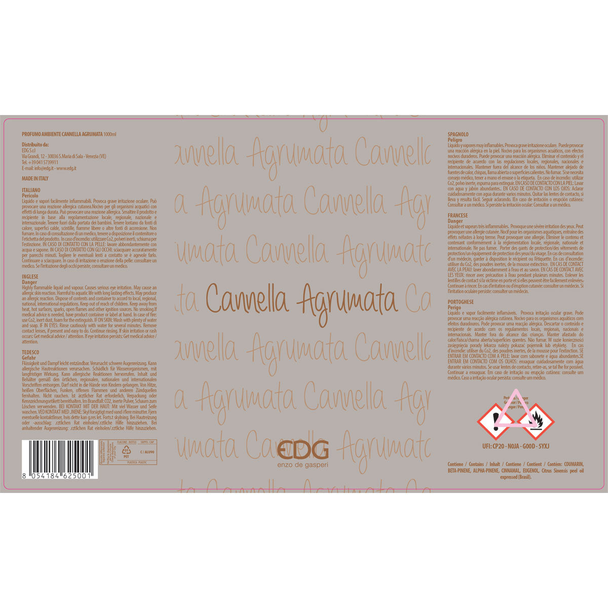 EDG Enzo De Gasperi Ricarica per Diffusore Profumatore 1 Litro Cannella Agrumata