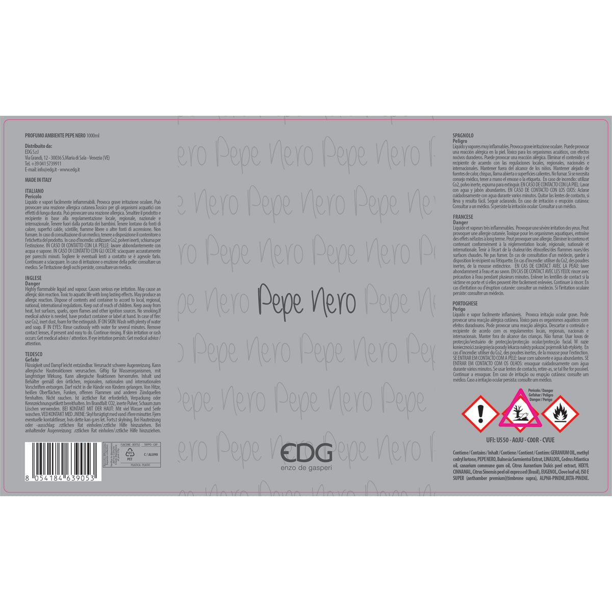 EDG Enzo De Gasperi Ricarica per Diffusore Profumatore 1 Litro Pepe Nero