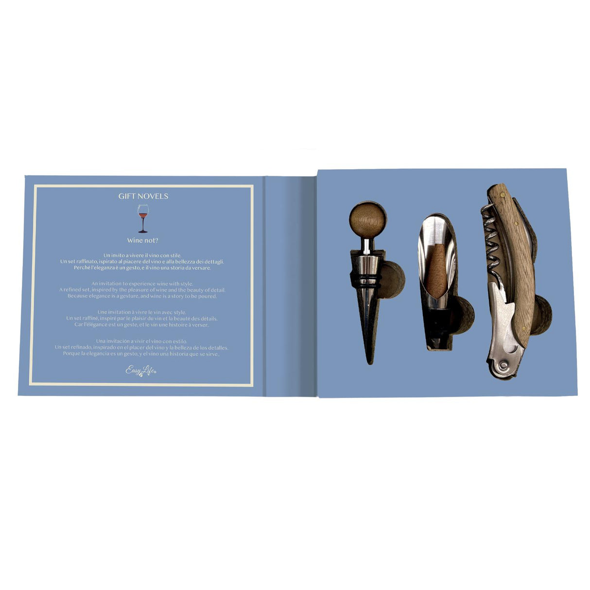 EASY LIFE Set Vino 3 Pezzi Tappo Versatore Vino e Cavatappi in Confezione Regalo