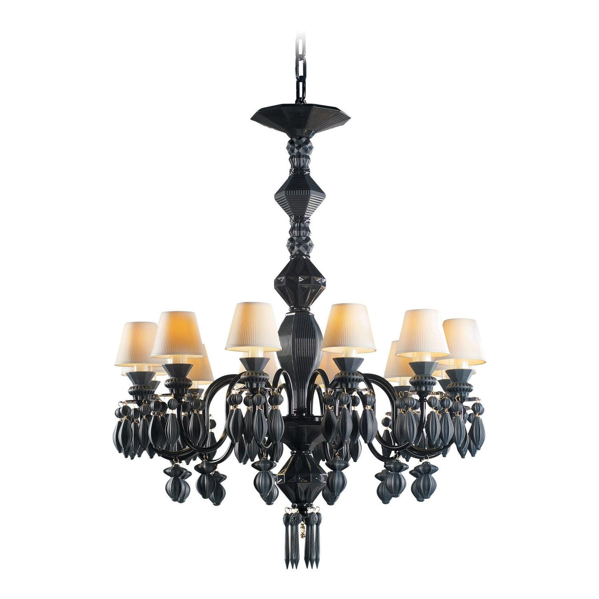 LLADRO' Chandelier Belle De Nuit 12 Luci Nero Assoluto 100x65cm Porcellana